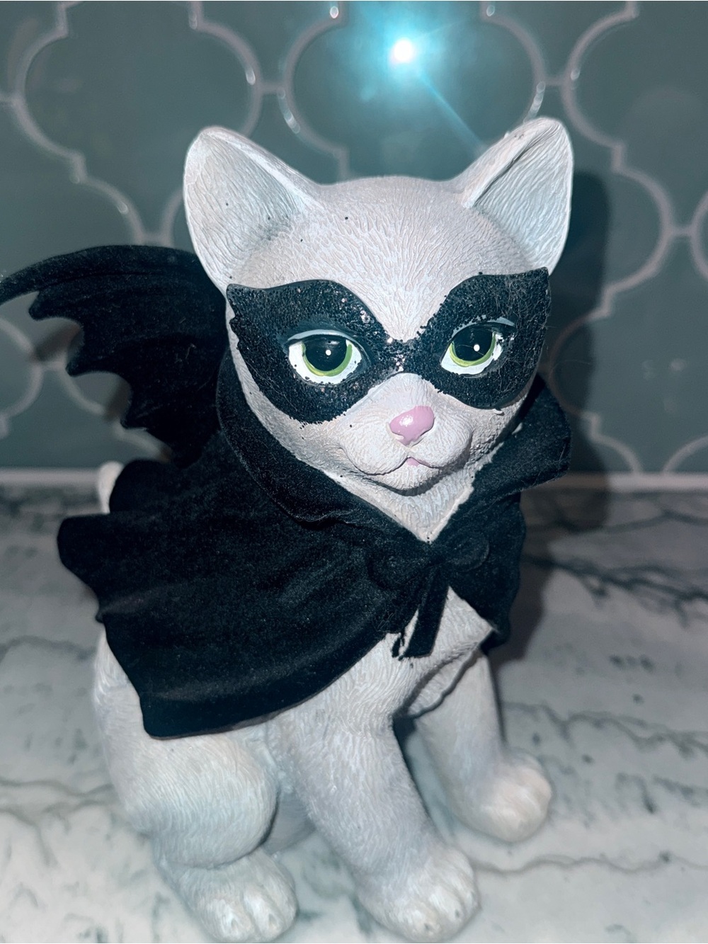 White Cat Holiday Figurine with Black Mask and Cape